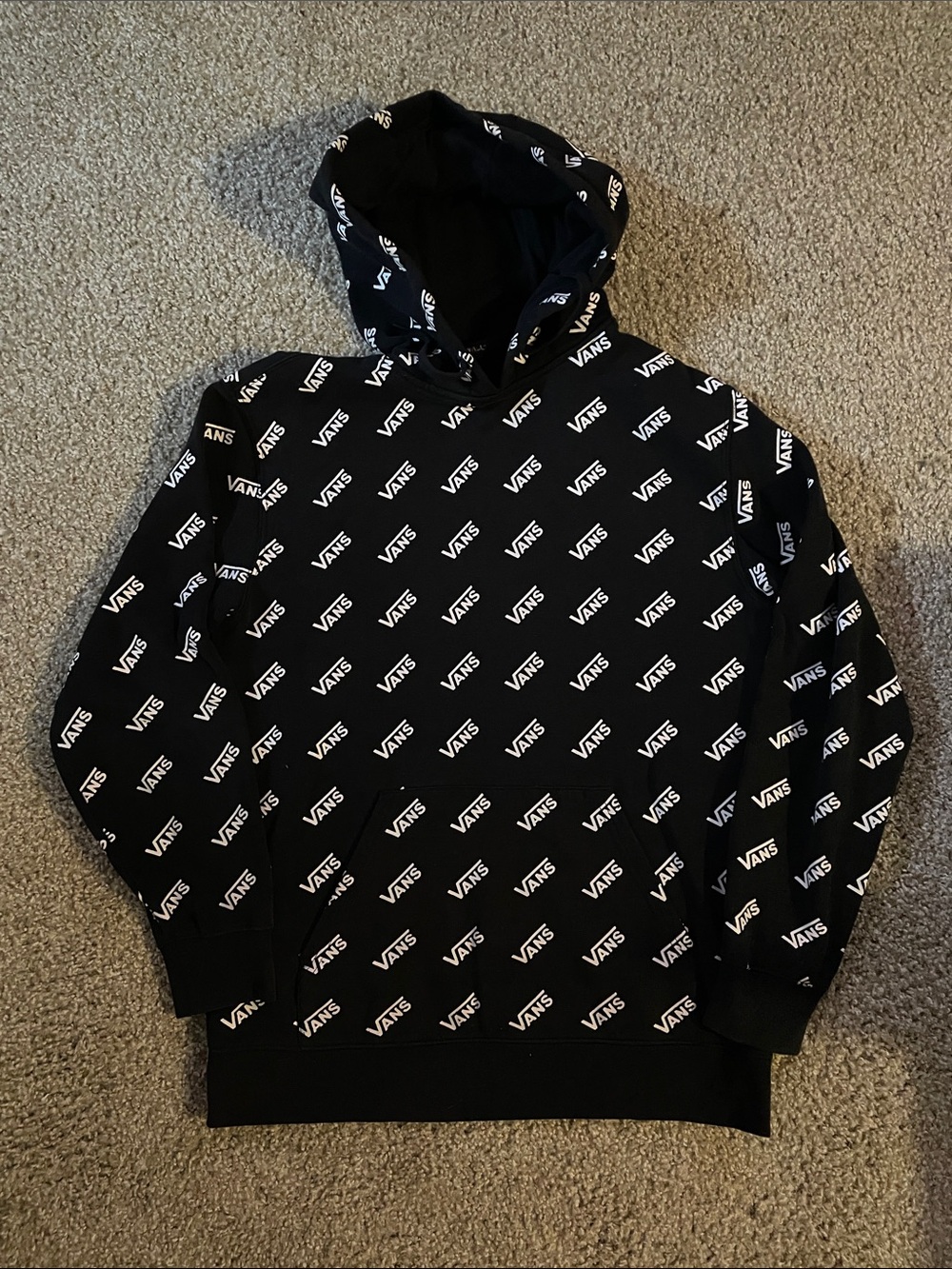 Vans Black Hoodie with Allover White Logo Print - Men's